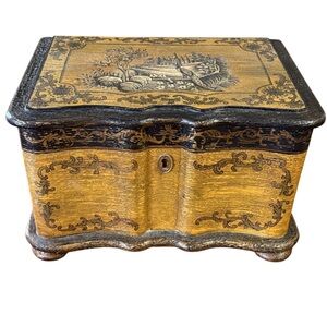 Rare John Richard Carved Ornate Style Wooden Peacock Landscape Box Gold Brown